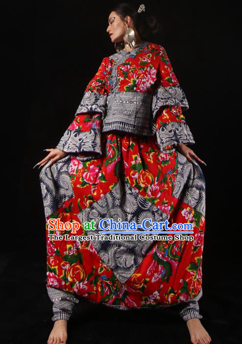 Chinese National Miao Nationality Bandhnu Red Clothing Traditional Ethnic Costume for Women
