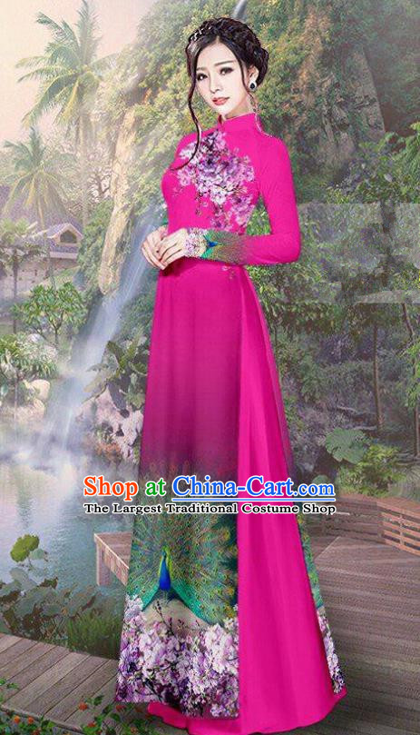 Vietnam Traditional Court Costume Printing Peacock Rosy Ao Dai Dress Asian Vietnamese Cheongsam for Women