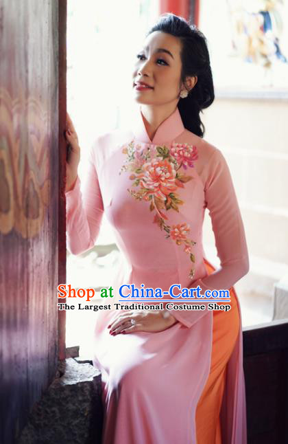 Vietnam Traditional Court Costume Printing Peony Pink Ao Dai Dress Asian Vietnamese Cheongsam for Women