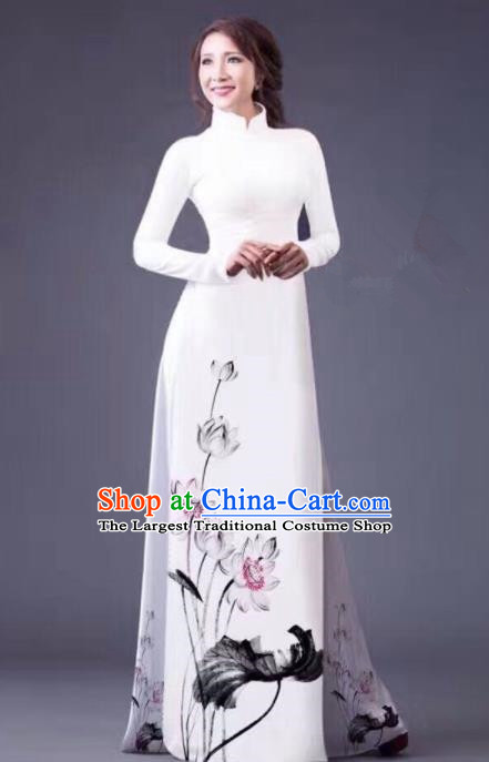 Vietnam Traditional National Costume Ink Painting Lotus White Ao Dai Dress Asian Vietnamese Cheongsam for Women