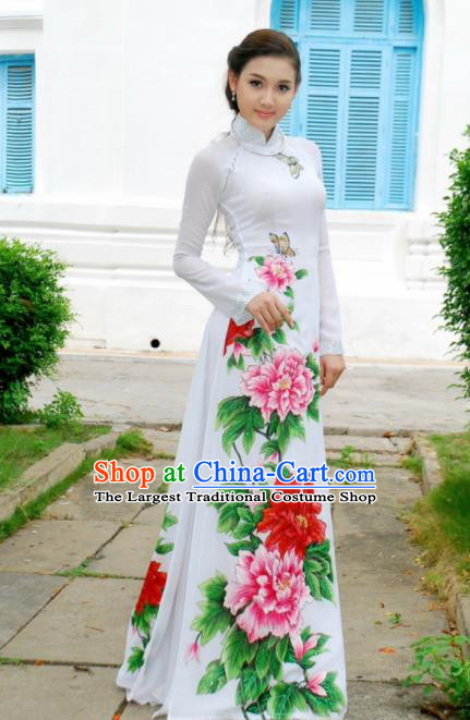 Vietnam Traditional National Costume Printing Peony White Ao Dai Dress Asian Vietnamese Cheongsam for Women