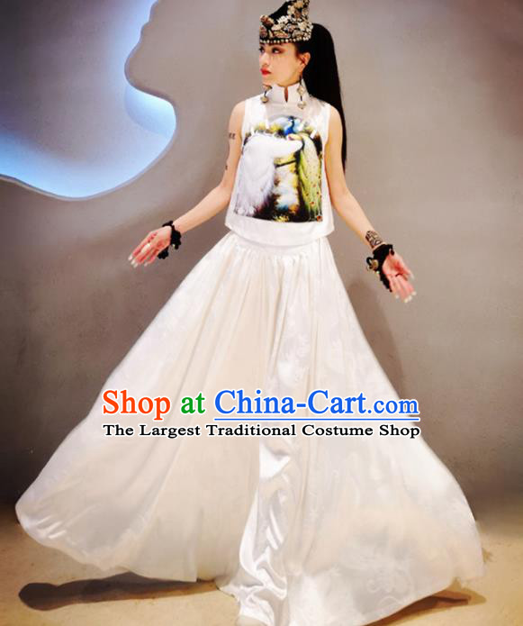 Chinese Traditional National Costume Printing White Cheongsam Blouse Tang Suit Qipao Shirt for Women