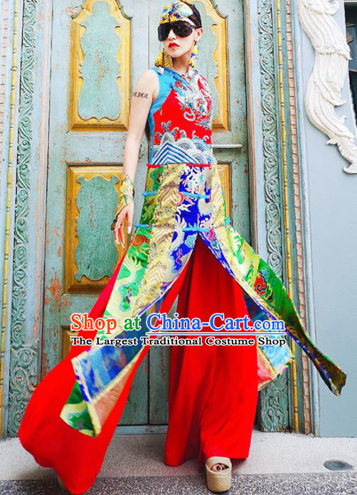 Chinese Traditional Catwalks Costume National Red Brocade Cheongsam Tang Suit Qipao Dress for Women