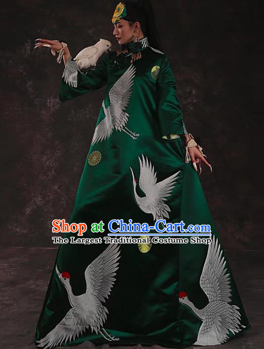 Chinese Traditional Catwalks Costume National Printing Cranes Green Brocade Cheongsam Tang Suit Qipao Dress for Women