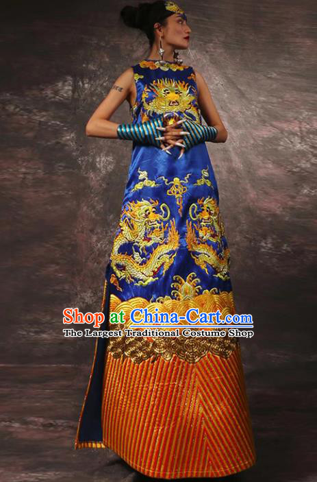 Chinese Traditional Catwalks Costume National Royalblue Brocade Cheongsam Tang Suit Qipao Dress for Women