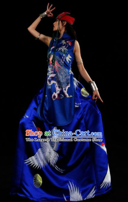 Chinese Traditional Catwalks Costume National Royalblue Brocade Cheongsam Tang Suit Qipao Dress for Women