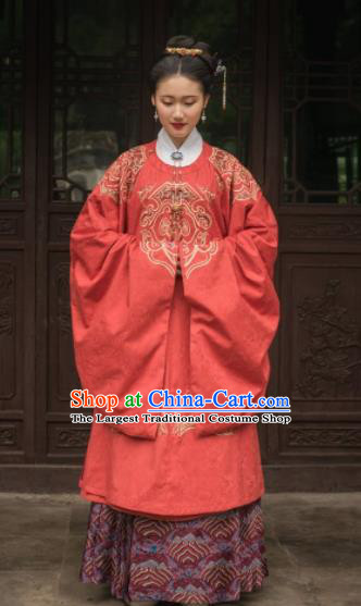 Chinese Traditional Ming Dynasty Empress Wedding Red Historical Costume Ancient Royal Queen Embroidered Dress for Women