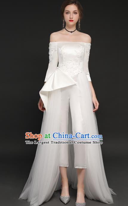 Top Grade Catwalks White Veil Trailing Full Dress Modern Dance Party Compere Costume for Women