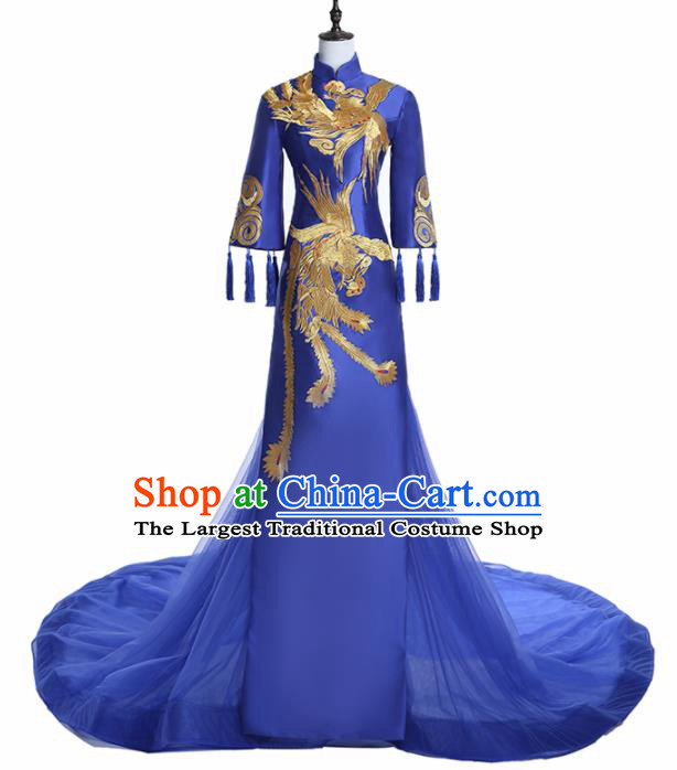 Chinese National Catwalks Costume Embroidered Phoenix Trailing Cheongsam Traditional Tang Suit Royalblue Qipao Dress for Women