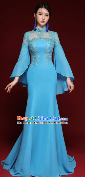 Chinese National Catwalks Embroidered Blue Lace Cheongsam Traditional Costume Tang Suit Qipao Dress for Women