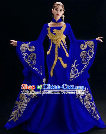 Chinese National Catwalks Cheongsam Traditional Costume Tang Suit Embroidered Royalblue Qipao Dress for Women