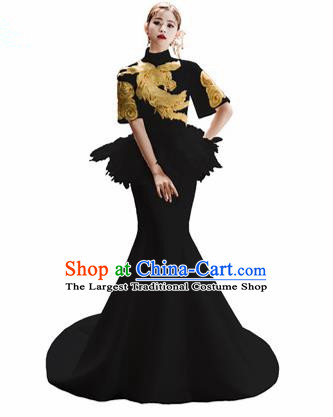 Chinese National Catwalks Embroidered Black Mermaid Cheongsam Traditional Costume Tang Suit Qipao Dress for Women