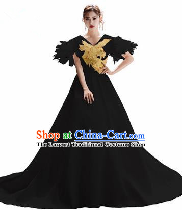 Top Grade Catwalks Black Trailing Full Dress Modern Dance Party Compere Embroidered Costume for Women