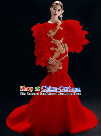 Chinese National Catwalks Embroidered Dragon Red Cheongsam Traditional Costume Tang Suit Trailing Qipao Dress for Women