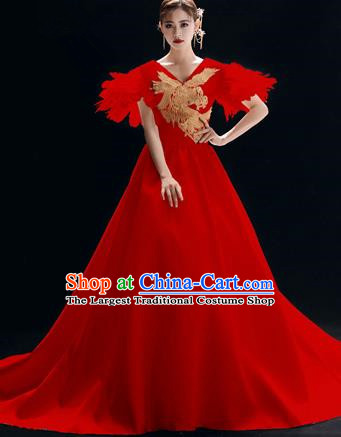 Top Grade Catwalks Red Trailing Full Dress Modern Dance Party Compere Embroidered Costume for Women