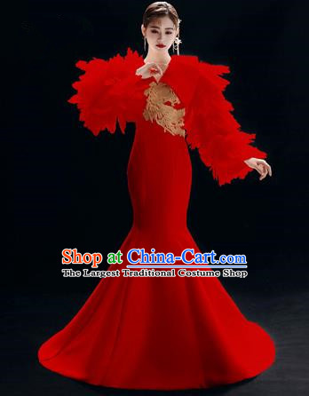 Top Grade Catwalks Red Feather Trailing Full Dress Modern Dance Party Compere Costume for Women