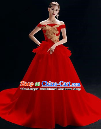 Top Grade Catwalks Red Trailing Full Dress Modern Dance Party Compere Costume for Women