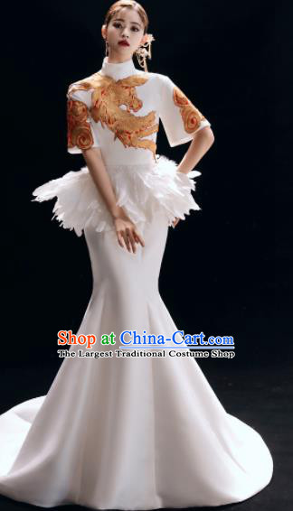 Chinese National Catwalks White Trailing Cheongsam Traditional Costume Tang Suit Embroidered Phoenix Qipao Dress for Women