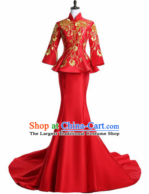 Chinese National Catwalks Costume Embroidered Red Trailing Cheongsam Traditional Tang Suit Qipao Dress for Women