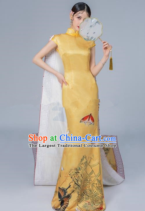 Chinese National Catwalks Printing Golden Cheongsam Traditional Costume Tang Suit Qipao Dress for Women