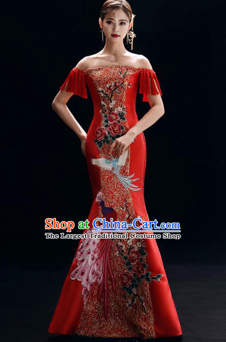 Chinese National Catwalks Embroidered Red Cheongsam Traditional Costume Tang Suit Qipao Dress for Women