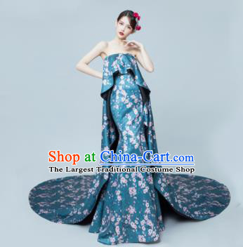 Top Grade Catwalks Compere Blue Trailing Full Dress Modern Dance Party Costume for Women