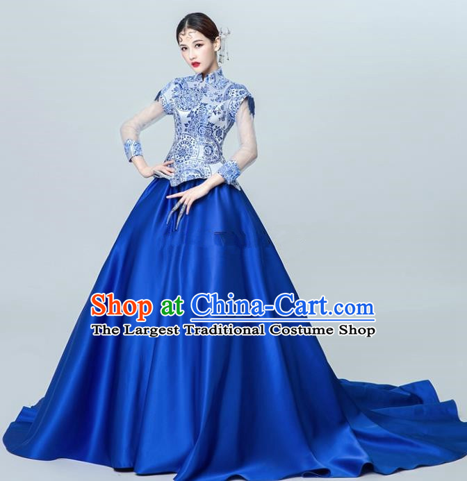 Chinese National Catwalks Blue Trailing Cheongsam Traditional Costume Tang Suit Silk Qipao Dress for Women