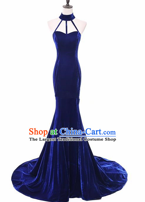 Top Grade Catwalks Chorus Royalblue Velvet Full Dress Compere Modern Dance Party Costume for Women