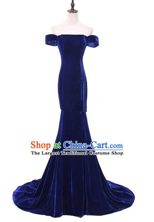 Top Grade Catwalks Chorus Royalblue Velvet Trailing Full Dress Compere Modern Dance Party Costume for Women