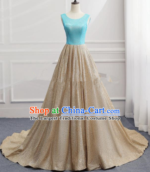 Top Grade Catwalks Compere Trailing Full Dress Chorus Modern Dance Party Golden Costume for Women