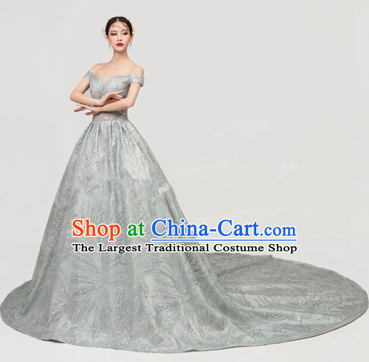 Top Grade Catwalks Compere Grey Veil Trailing Full Dress Chorus Modern Dance Party Costume for Women