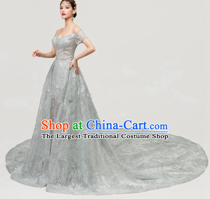 Top Grade Catwalks Compere Trailing Full Dress Chorus Modern Dance Party Grey Veil Costume for Women