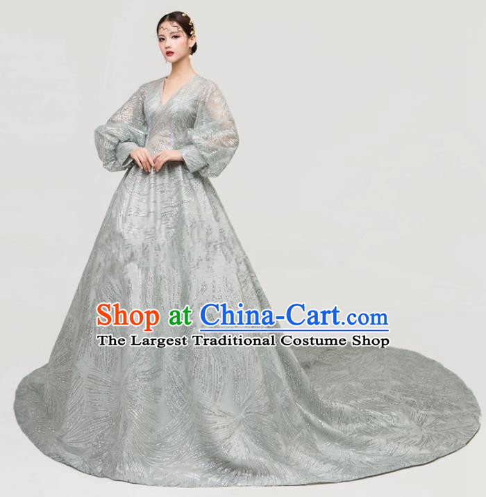 Top Grade Catwalks Grey Veil Full Dress Chorus Compere Modern Dance Party Trailing Costume for Women