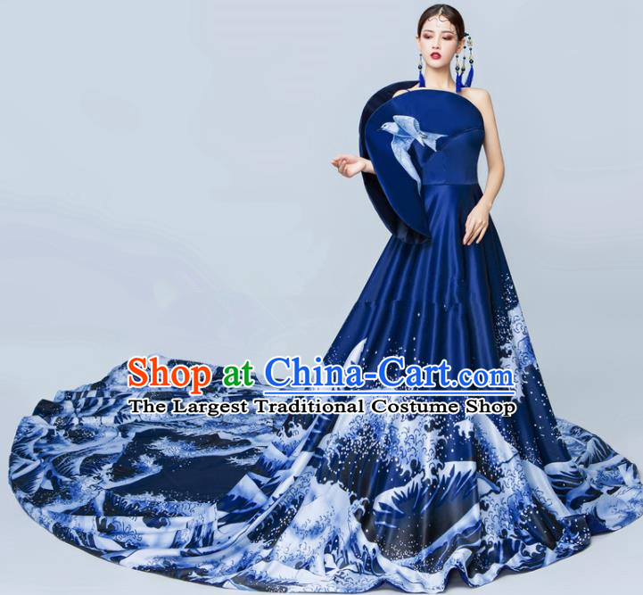 Top Grade Catwalks Royalblue Trailing Full Dress Chorus Compere Modern Dance Party Costume for Women