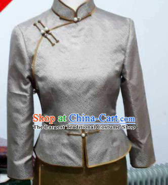 Chinese Traditional Mongolian Ethnic Grey Blouse Mongol Nationality Shirt Costume for Women