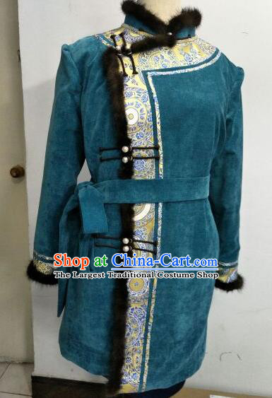 Chinese Traditional Mongolian Ethnic Green Coat Mongol Nationality Female Dress Costume for Women