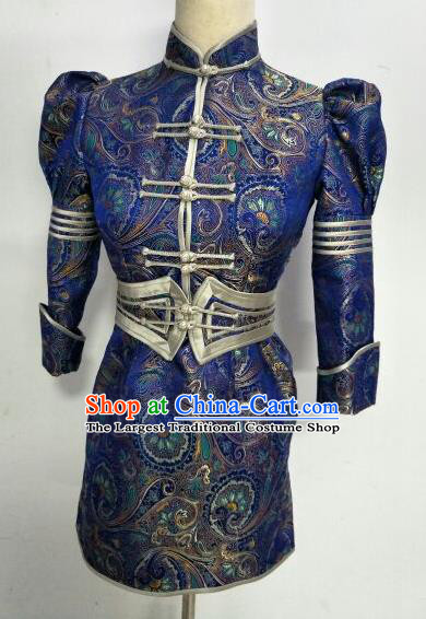 Chinese Traditional Mongolian Ethnic Royalblue Robe Mongol Nationality Female Dress Costume for Women