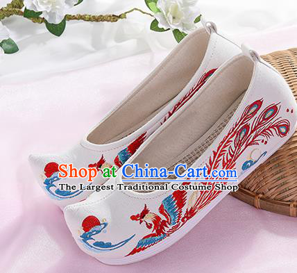 Chinese Traditional Hanfu White Shoes Embroidered Phoenix Shoes Handmade Ancient Princess Shoes for Women