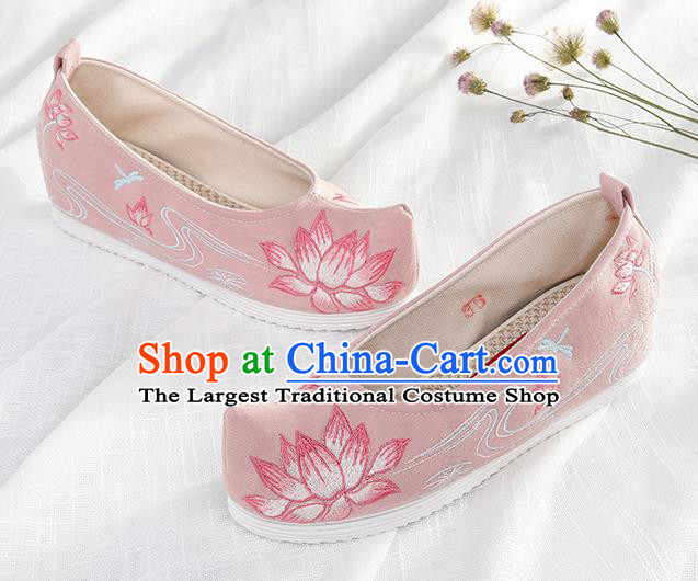 Chinese Traditional Hanfu Pink Cloth Shoes Embroidered Lotus Shoes Handmade Ancient Princess Shoes for Women