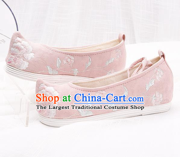 Chinese Traditional Embroidered Peony Pink Shoes Hanfu Cloth Shoes Handmade Ancient Princess Shoes for Women