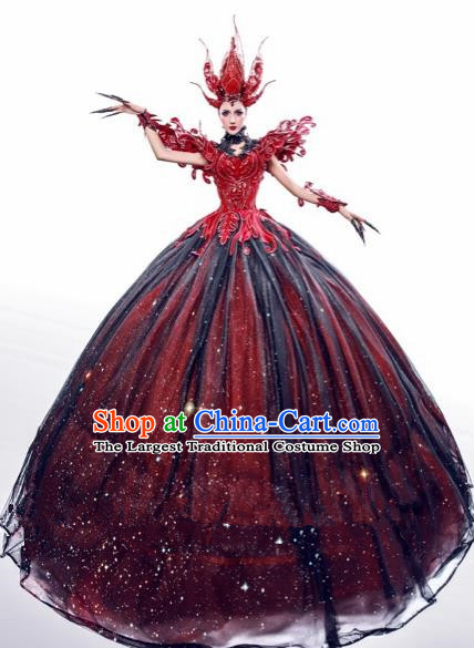 Handmade Modern Fancywork Stage Show Court Red Dress Halloween Cosplay Queen Fancy Ball Costume for Women