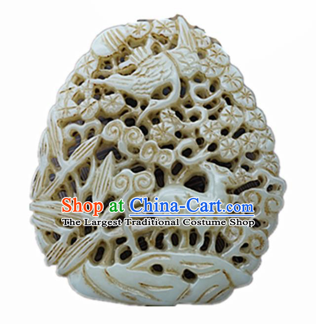 Handmade Chinese Jade Carving Crane Deer Pendant Traditional Jade Craft Jewelry Accessories