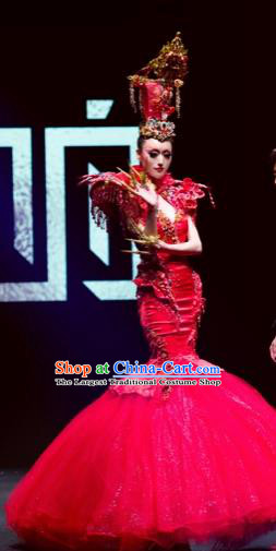 Traditional Chinese Catwalks Costume Stage Show Modern Fancywork Red Veil Fishtail Dress for Women