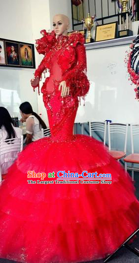 Handmade Europe Court Stage Show Red Fishtail Dress Halloween Cosplay Fancy Ball Modern Fancywork Costume for Women