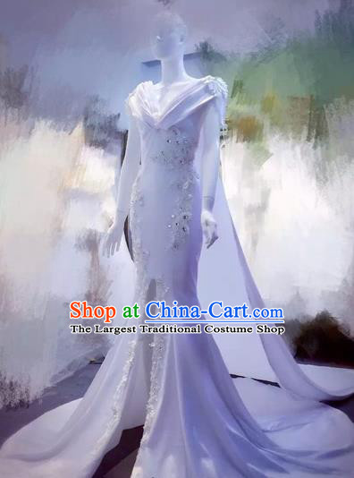 Handmade Europe Court Stage Show White Trailing Dress Halloween Cosplay Fancy Ball Modern Fancywork Costume for Women