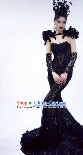 Handmade Europe Court Stage Show Black Dress Halloween Cosplay Fancy Ball Modern Fancywork Costume for Women