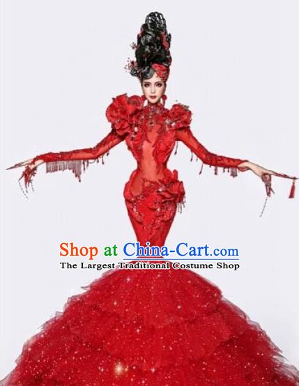 Handmade Modern Fancywork Stage Show Court Red Veil Full Dress Halloween Cosplay Queen Fancy Ball Costume for Women