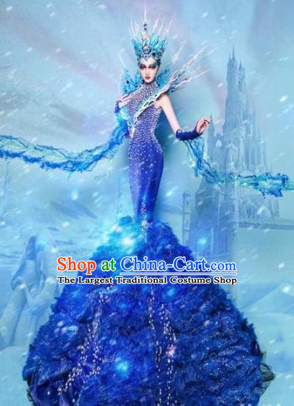 Handmade Modern Fancywork Stage Show Court Blue Fishtail Full Dress Halloween Cosplay Queen Fancy Ball Costume for Women