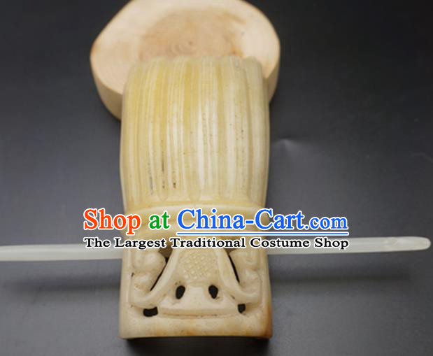 Handmade Chinese Yellow Jade Carving Hairdo Crown Ancient Swordsman Jade Hairpins Hair Accessories for Women for Men