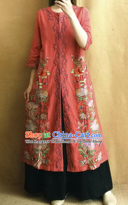 Traditional Chinese Embroidered Chrysanthemum Outer Garment Tang Suit Red Coat National Costume for Women